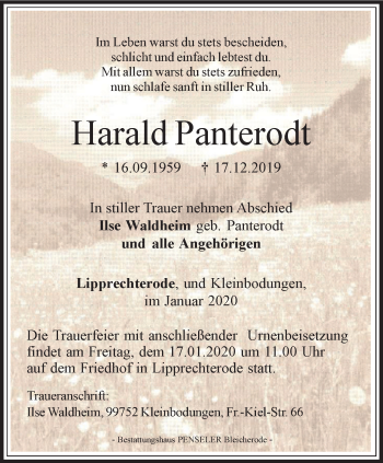 Traueranzeige von Harald Panterodt von Thüringer Allgemeine