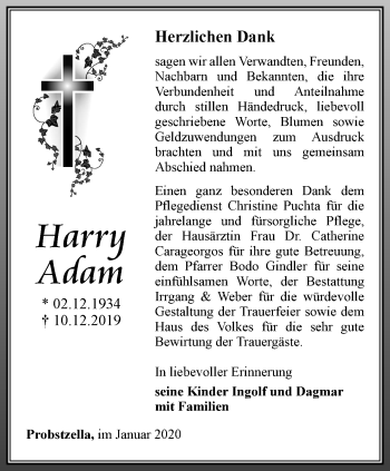 Traueranzeige von Harry Adam von Ostthüringer Zeitung