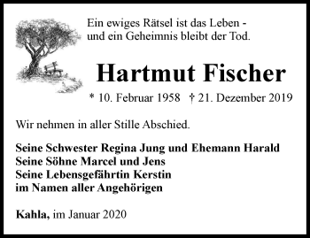 Traueranzeige von Hartmut Fischer von Ostthüringer Zeitung, Thüringische Landeszeitung