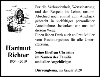 Traueranzeige von Hartmut Richter von Ostthüringer Zeitung, Thüringische Landeszeitung