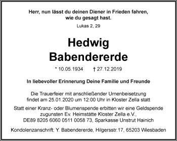Traueranzeige von Hedwig Babendererde von Thüringer Allgemeine, Thüringische Landeszeitung
