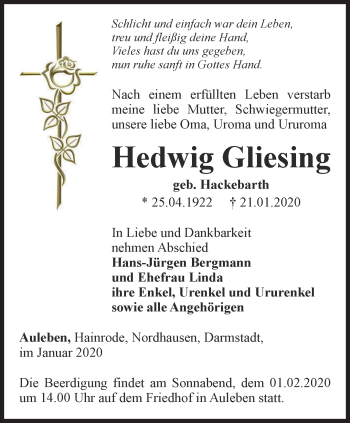 Traueranzeige von Hedwig Gliesing von Thüringer Allgemeine