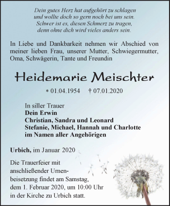 Traueranzeige von Heidemarie Meischter von Thüringer Allgemeine, Thüringische Landeszeitung