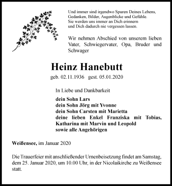 Traueranzeige von Heinz Hanebutt von Thüringer Allgemeine