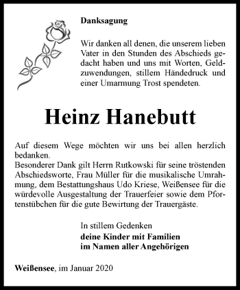 Traueranzeige von Heinz Hanebutt von Thüringer Allgemeine