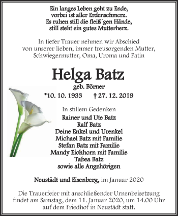 Traueranzeige von Helga Batz von Thüringer Allgemeine, Thüringische Landeszeitung