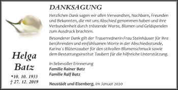 Traueranzeige von Helga Batz von Thüringer Allgemeine, Thüringische Landeszeitung