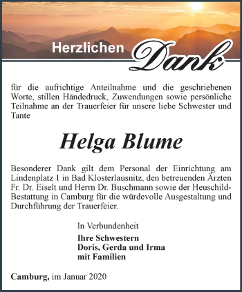 Traueranzeige von Helga Blume von Ostthüringer Zeitung, Thüringische Landeszeitung