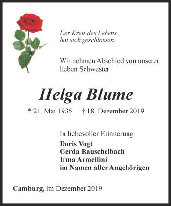 Traueranzeige von Helga Blume von Ostthüringer Zeitung, Thüringische Landeszeitung