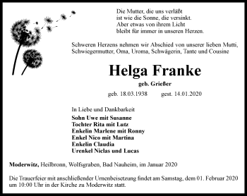 Traueranzeige von Helga Franke