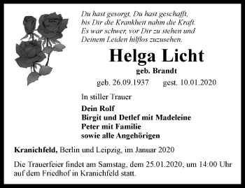 Traueranzeige von Helga Licht von Thüringer Allgemeine, Thüringische Landeszeitung