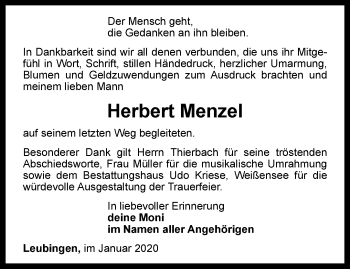 Traueranzeige von Herbert Menzel von Thüringer Allgemeine