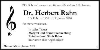 Traueranzeige von Herbert Rahn von Thüringer Allgemeine, Thüringische Landeszeitung