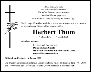 Traueranzeige von Herbert Thum von Ostthüringer Zeitung