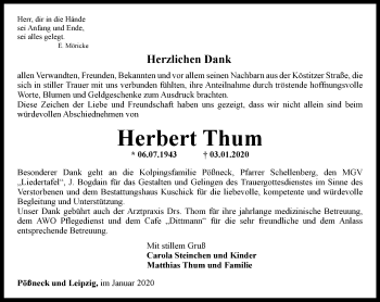 Traueranzeige von Herbert Thum von Ostthüringer Zeitung