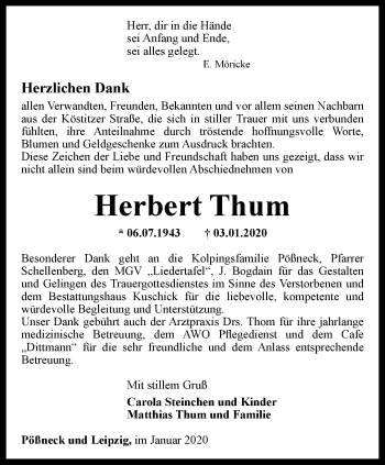 Traueranzeige von Herbert Thum von Ostthüringer Zeitung