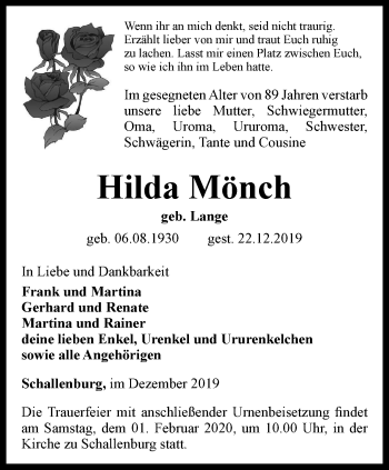 Traueranzeige von Hilda Mönch von Thüringer Allgemeine