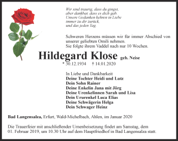 Traueranzeige von Hildegard Klose von Thüringer Allgemeine, Thüringische Landeszeitung