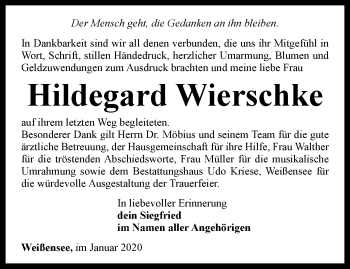 Traueranzeige von Hildegard Wierschke von Thüringer Allgemeine