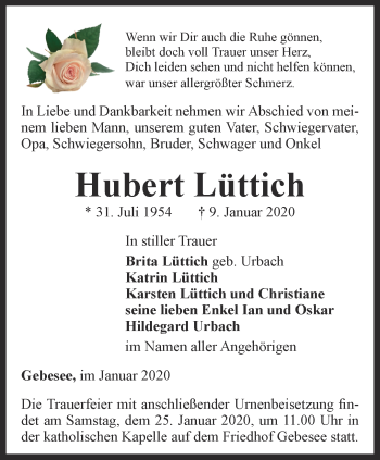 Traueranzeige von Hubert Lüttich von Thüringer Allgemeine, Thüringische Landeszeitung