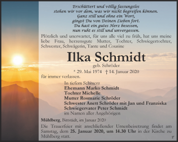 Traueranzeige von Ilka Schmidt von Ostthüringer Zeitung, Thüringische Landeszeitung