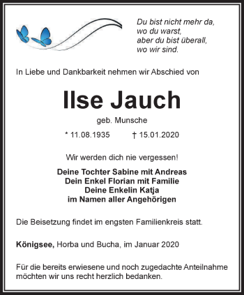 Traueranzeige von Ilse Jauch von Ostthüringer Zeitung