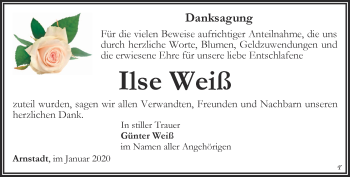 Traueranzeige von Ilse Weiß von Thüringer Allgemeine