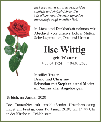 Traueranzeige von Ilse Wittig von Thüringer Allgemeine, Thüringische Landeszeitung