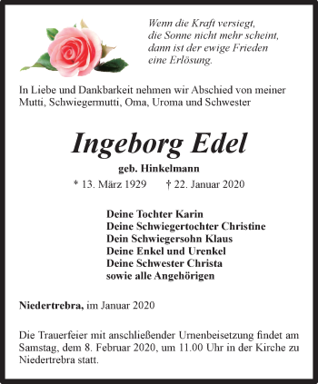 Traueranzeige von Ingeborg Edel von Thüringer Allgemeine, Thüringische Landeszeitung