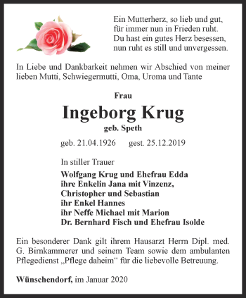 Traueranzeige von Ingeborg Krug von Ostthüringer Zeitung