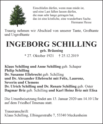 Traueranzeige von Ingeborg Schilling von Thüringer Allgemeine