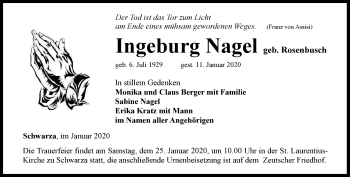 Traueranzeige von Ingeburg Nagel von Ostthüringer Zeitung