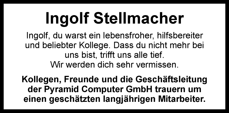  Traueranzeige für Ingolf Stellmacher vom 08.01.2020 aus Thüringer Allgemeine