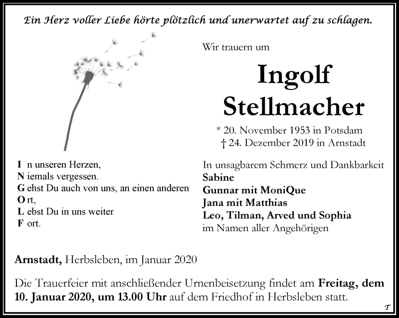  Traueranzeige für Ingolf Stellmacher vom 04.01.2020 aus Thüringer Allgemeine