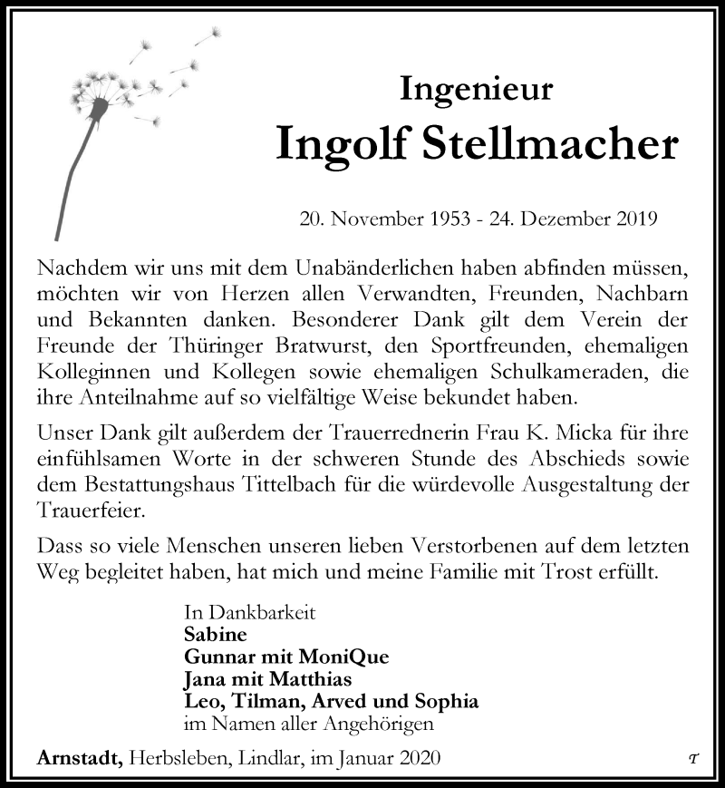  Traueranzeige für Ingolf Stellmacher vom 18.01.2020 aus Thüringer Allgemeine