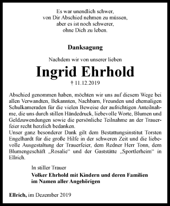 Traueranzeige von Ingrid Ehrhold von Thüringer Allgemeine