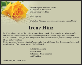 Traueranzeige von Irene Hinz von Ostthüringer Zeitung