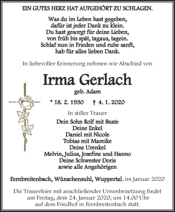 Traueranzeige von Irma Gerlach von Thüringer Allgemeine, Thüringische Landeszeitung