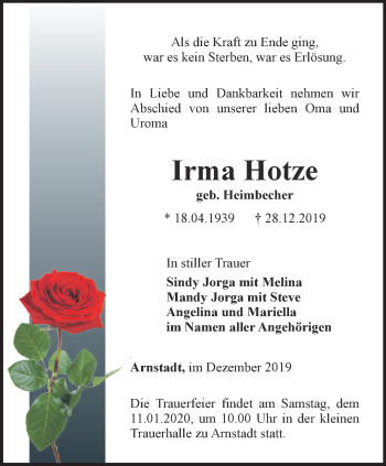 Traueranzeige von Irma Hotze von Thüringer Allgemeine