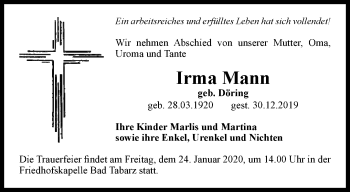 Traueranzeige von Irma Mann von Ostthüringer Zeitung, Thüringische Landeszeitung