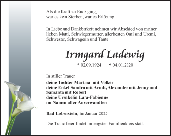 Traueranzeige von Irmgard Ladewig von Ostthüringer Zeitung