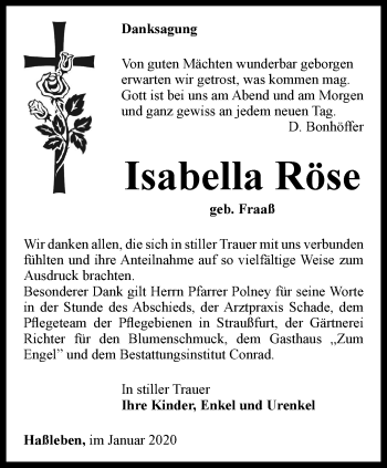 Traueranzeige von Isabella Röse von Thüringer Allgemeine, Thüringische Landeszeitung