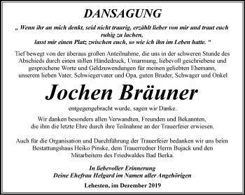 Traueranzeige von Jochen Bräuner von Ostthüringer Zeitung