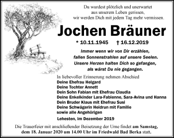 Traueranzeige von Jochen Bräuner von Ostthüringer Zeitung