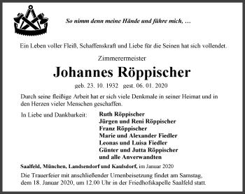 Traueranzeige von Johannes Röppischer von Ostthüringer Zeitung