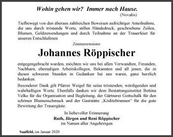 Traueranzeige von Johannes Röppischer von Ostthüringer Zeitung