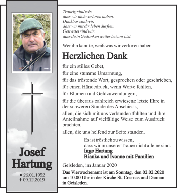 Traueranzeige von Josef Hartung von Thüringer Allgemeine