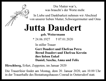 Traueranzeige von Jutta Daudert von Ostthüringer Zeitung