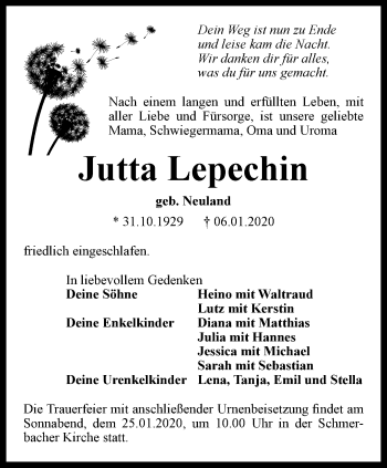 Traueranzeige von Jutta Lepechin von Ostthüringer Zeitung, Thüringische Landeszeitung