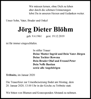 Traueranzeige von Jörg Dieter Blöhm von Ostthüringer Zeitung